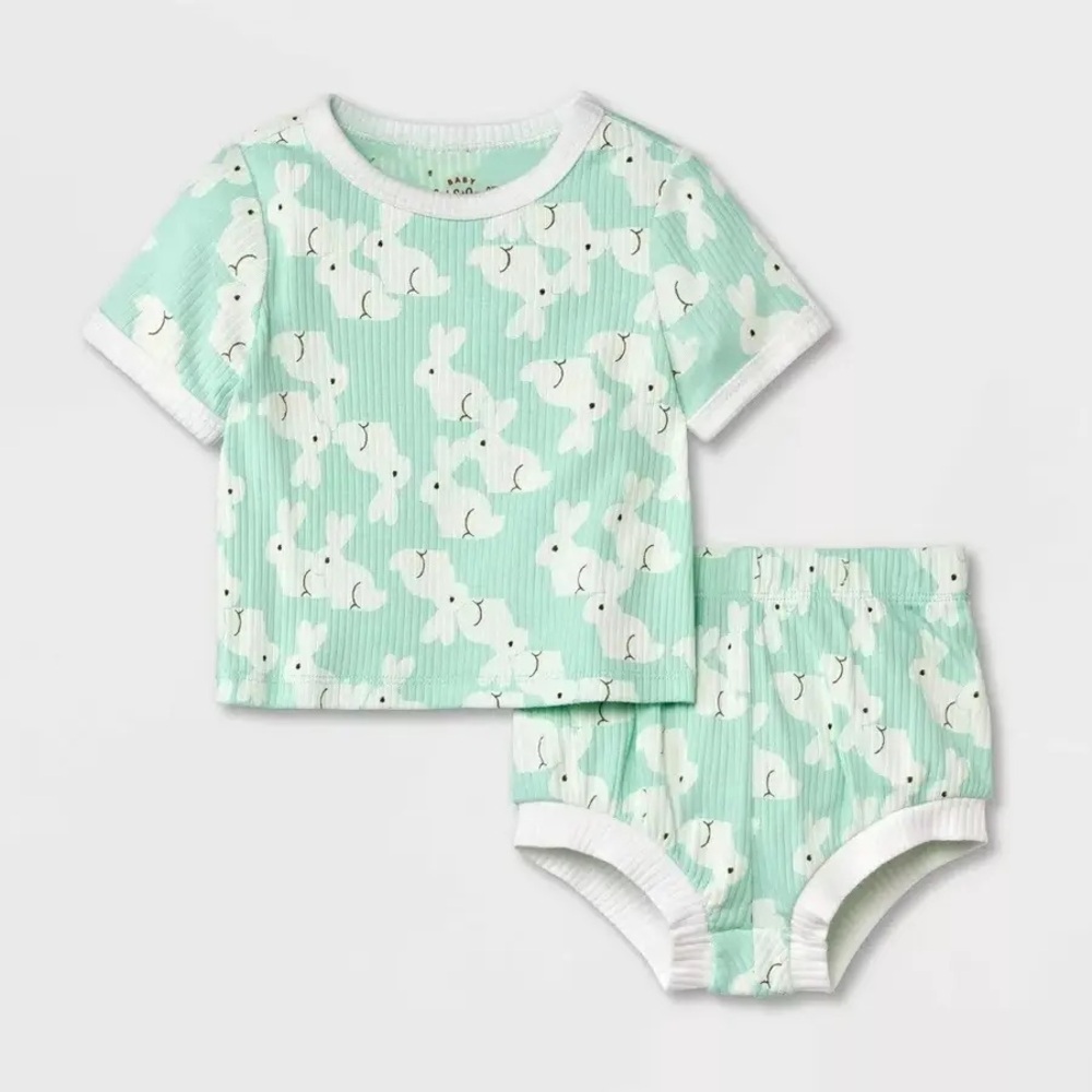 Cat & Jack Bunny Easter Top and Bloomer Set Green White Size 12 Months